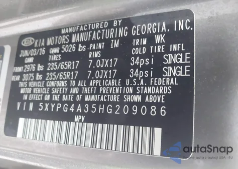 2017 Kia Sorento 2.4L Lx z USA, uszkodzony, nr VIN 5XYPG4A35HG209086